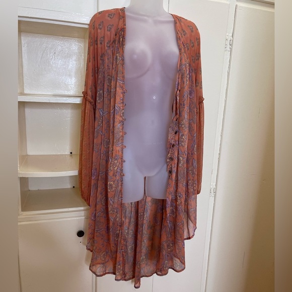 Free People Sheer Bell Long Sleeves MultiColored Kimono Overlay 3/4 Size… - Picture 7 of 16